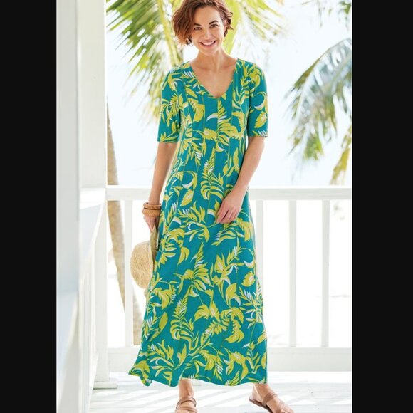 Soft Surroundings Palm Print Knit Maxi Dress Teal Green Tropical Size Medium - Picture 1 of 15